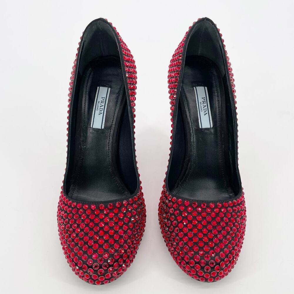 Prada Red Crystal Covered Satin Block Heel Ruby Slipper Pumps IT 37.5 Runway - Picture 7 of 12